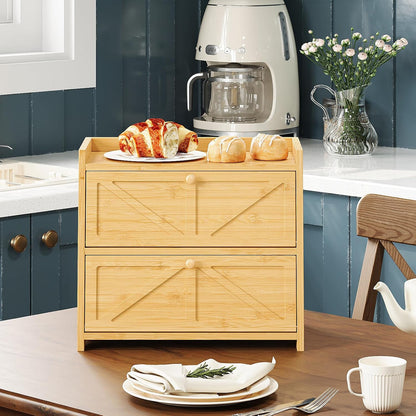 Vintage Double Layer Bread Box for Kitchen Counter Bamboo Bread Storage Container Large Capacity Bread Storage Bin (Natural Bamboo)