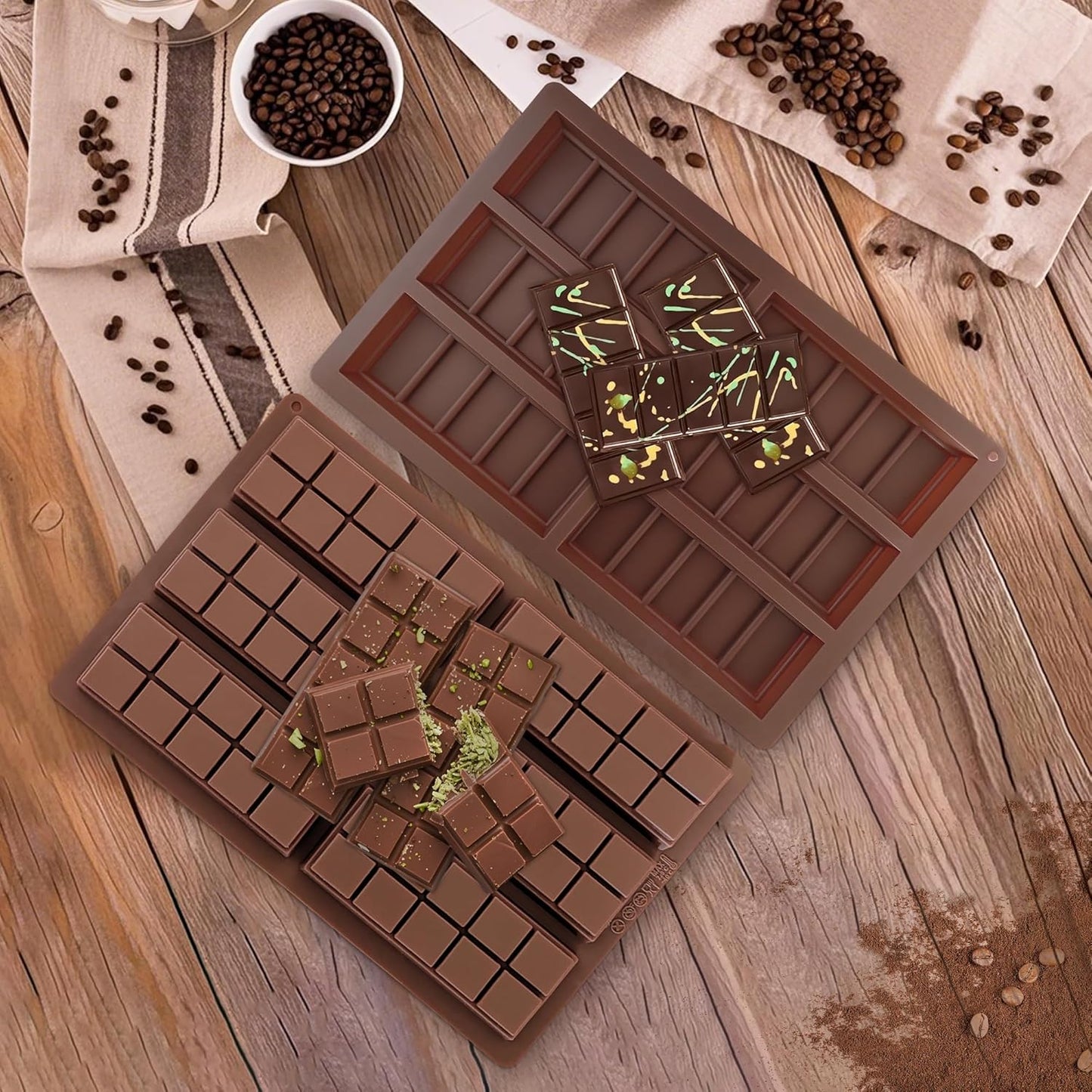 2 Pack Silicone Chocolate Bar Molds - Non-Stick Deep Dubai Chocolate Mold for Candy Bars, Pistachio, Homemade Energy,Protein Bars, Homemade Desserts (Reusable, Break Apart Design, Dishwasher Safe)