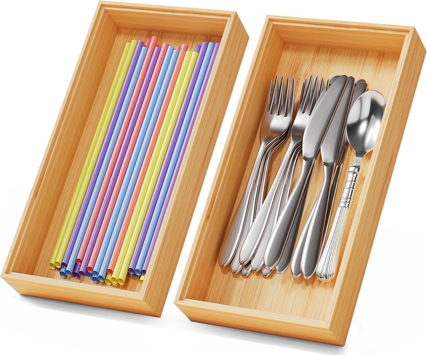 Bamboo Kitchen Drawer Organizer Boxes – Stackable Wood Silverware Utensil Tray for Drawers Bins, Cutlery & Flatware Storage – Wooden Organizers Set of 2, 12" x 6" x 2" for Junk Drawer, Bathroom, RV