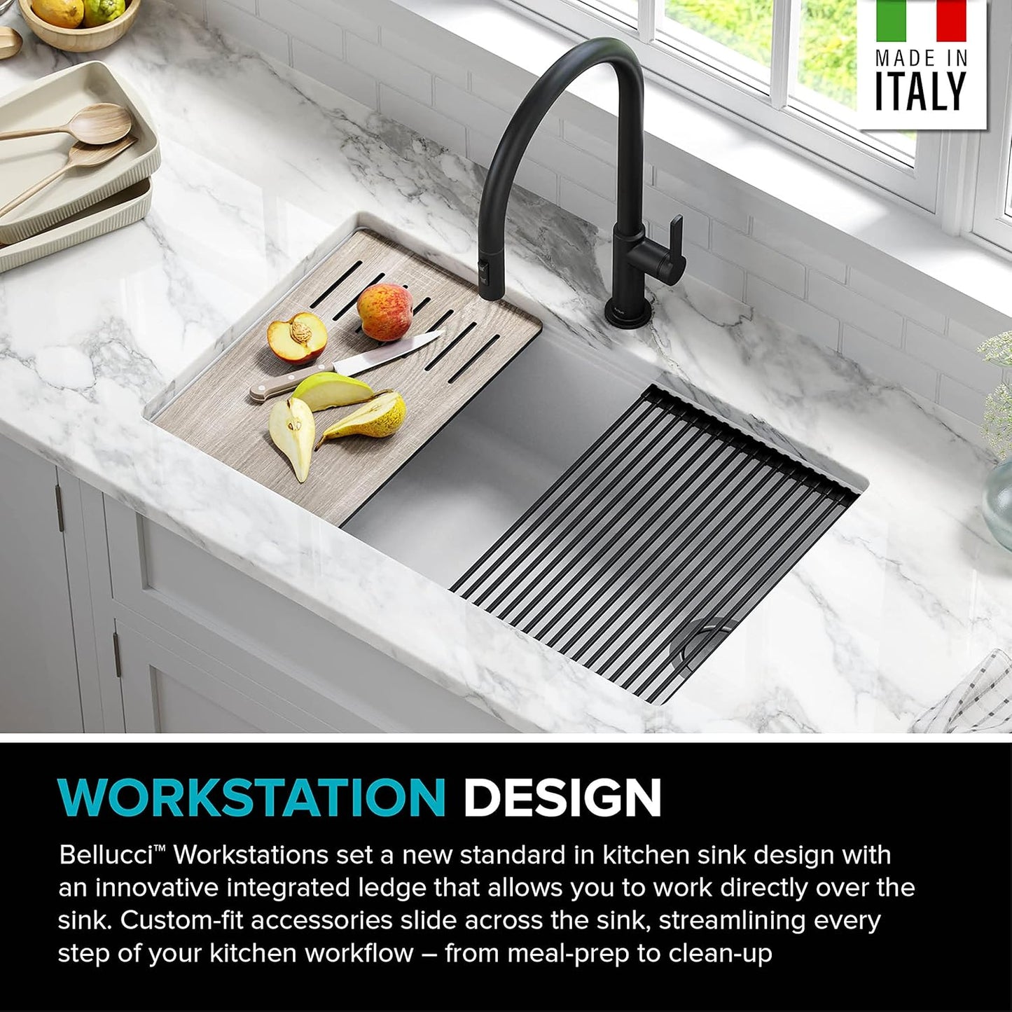 KRAUS Kitchen Sink Bellucci 32” Undermount Workstation Granite, Metallic White, Accessories, KGUW1-33WH