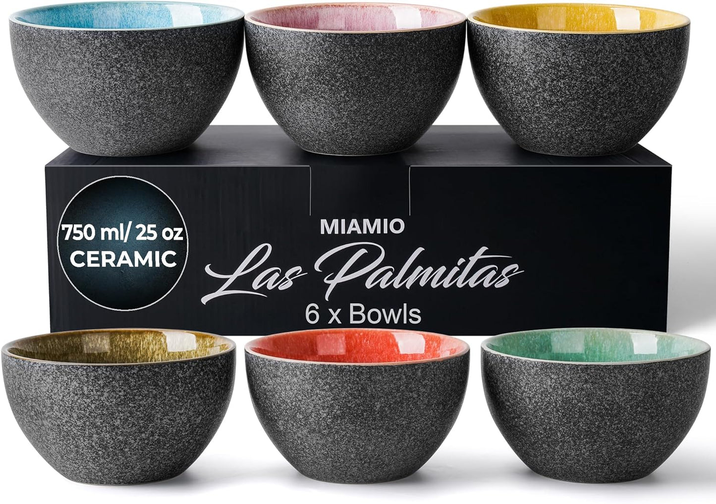 MIAMIO – 25 Oz, Bowls Set of 6, Ceramic Bowl, Salad bowls, Soup Bowl, Cereal Bowl, Kitchen Bowls, Rice Bowls – Microwave, Dishwasher and Oven safe – Las Palmitas Collection