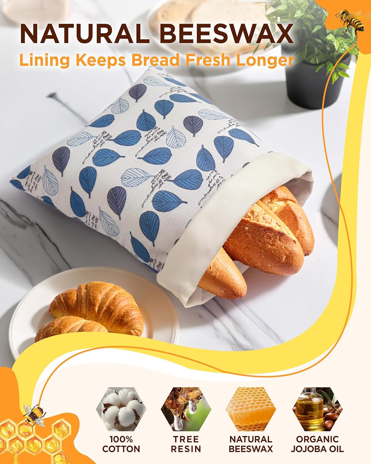 Beeswax Bread Bags for Homemade Sourdough with Zipper, 2 Pack Reusable Sourdough Bread Bags Baking Supplies, Airtight Natural Cotton Storage Bag