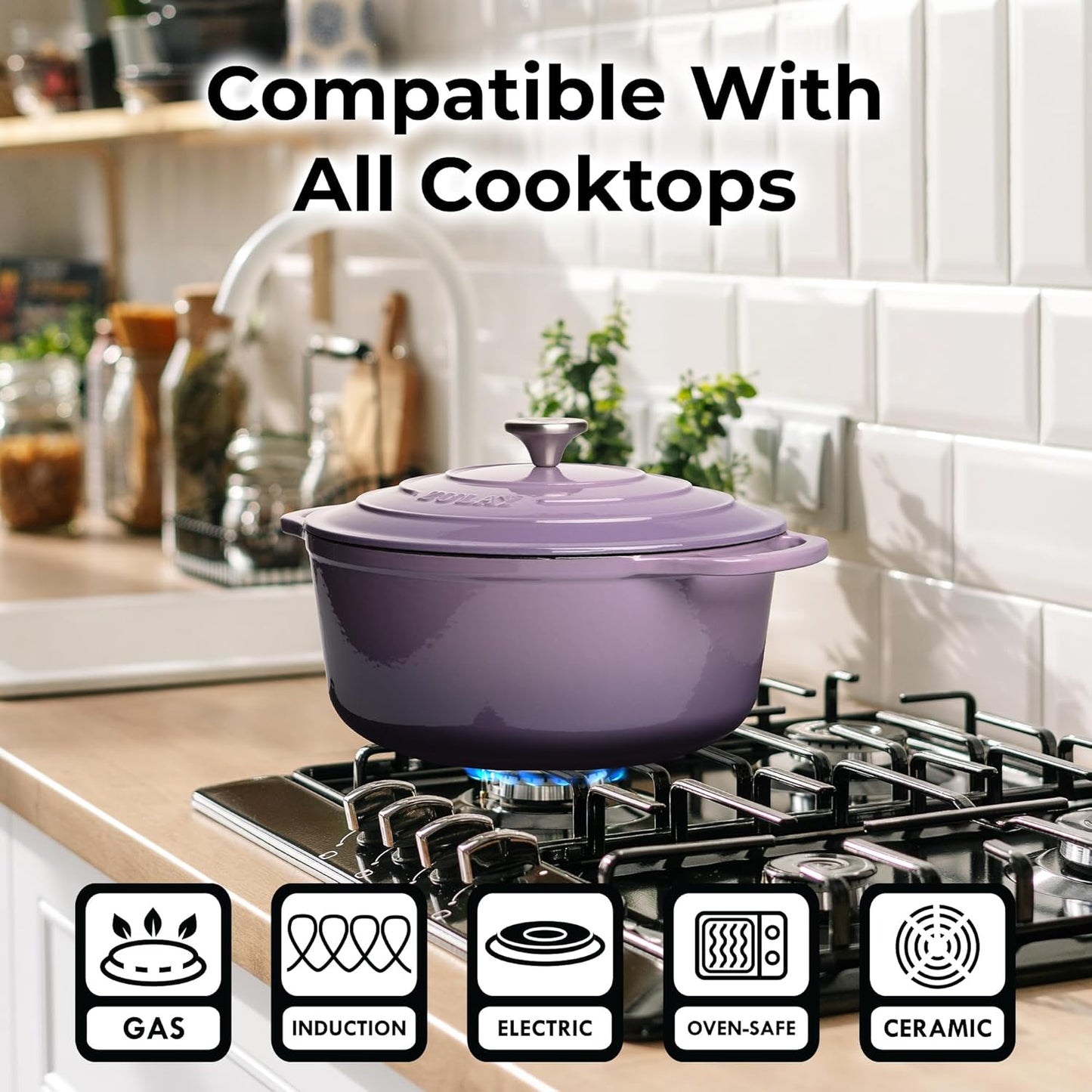 Zulay Kitchen 6 Quart Enameled Cast Iron Dutch Oven Pot with Lid – Premium Durability & Oven Safe up to 500°F – Heavy Duty Cookware Perfect for Bread Baking, Stews, Braising & Roasting – Lavender Jade