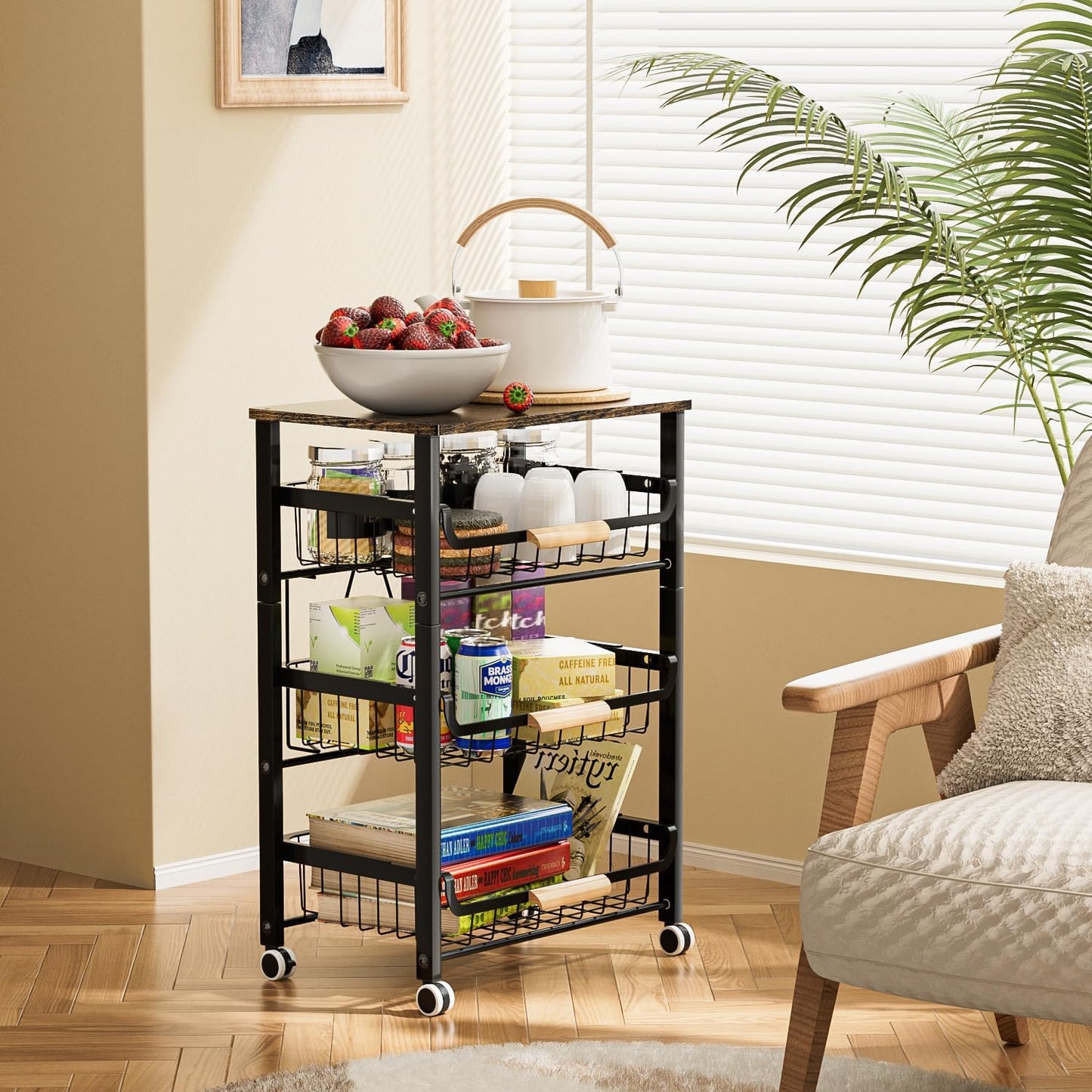 JAQ Fruit Vegetables Carts, 4-tier Slide out Metal Storage Baskets Stand Organizers with Wood Top and Handle on Rolling Wheels for Onions in Kitchen Pantry Fruteros Para Cocina -(Black, 4 Layer)