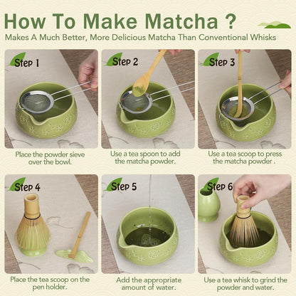 Matcha Whisk Set, Ceramic Bowl with Spout, Bamboo Matcha Whisk & Spoon, Chasen Holder, Scoop Rest, Sifter, 8-Pcs Japanese Matcha Powder Kit–Gift for Ceremony & Matcha Lovers-Matcha Green