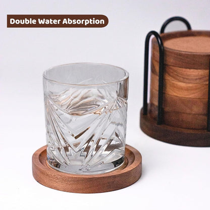 Wooden Coasters for Drinks with Metal Holder, Wooden Coaster with Cork for Tabletop Protection, Drink Coasters for Coffee Table, Desk, 4.33 Inch, Set of 6