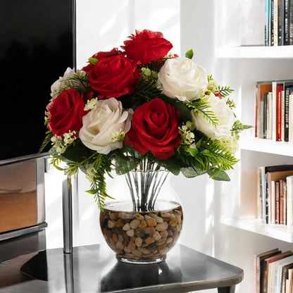ENOVA FLORAL 18 Heads Silk Rose Artificial Flowers in Vase,Faux Rose Flowers Arrangement in Round Bowl Vase with Faux Water and River Rock for Table Decor Centerpieces (Cream Red)