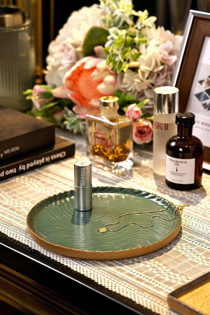 Vanity Tray with Brown Trim - Candle & Perfume Holder Organizer - Round, Green, 8"8" - Home Decor for Dresser, Table, Bathroom Countertop