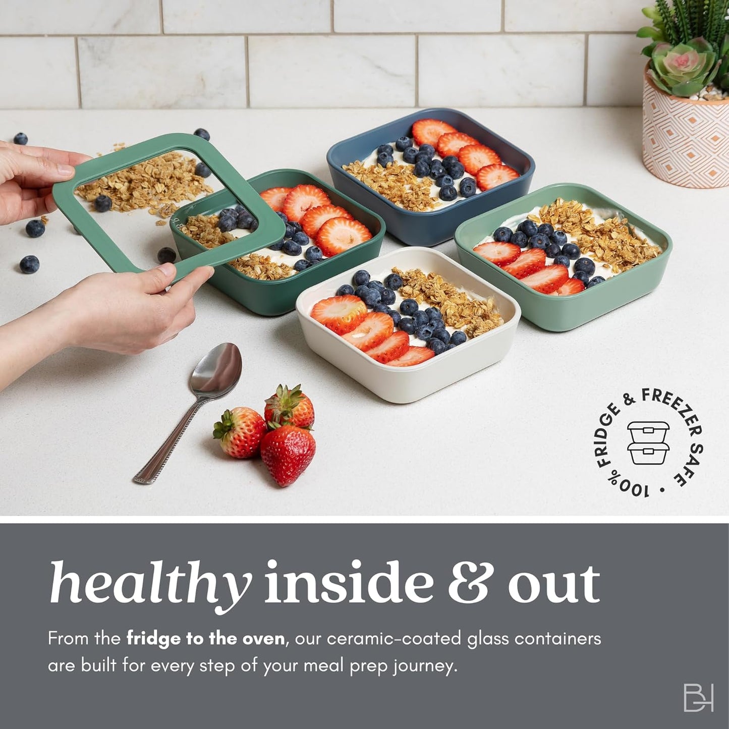 Ceramic Coated Glass Food Storage Container | No PTFE, PFOA, PFAS, and BPA | Reusable Non Toxic Meal Prep Container with Glass Lid | Easy To Store | 6 Piece Food Prep [Crema]