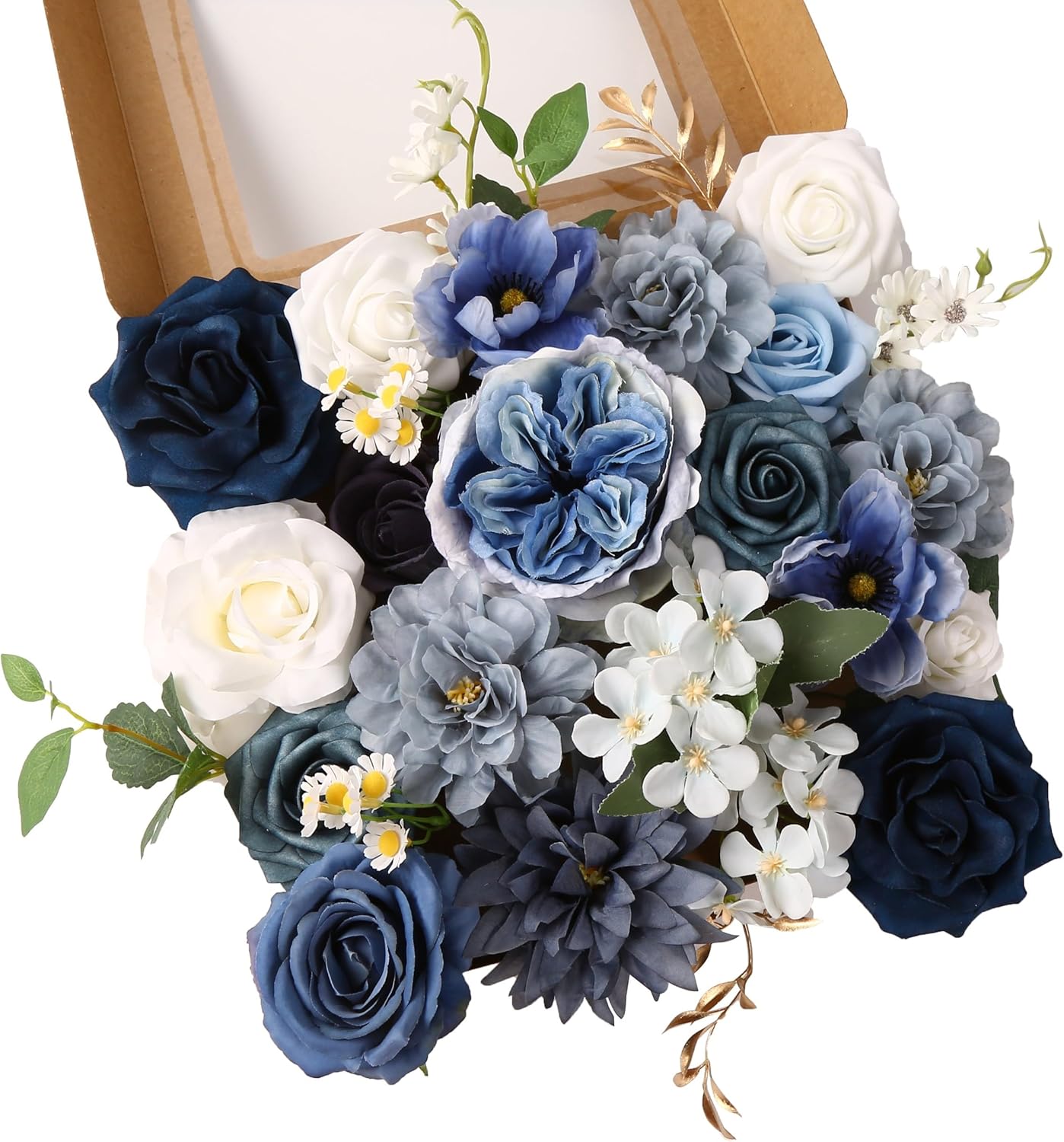 Dusty Blue Roses Silk Artificial Flowers Combo for DIY Bouquet Centerpieces Floral Arrangements, Navy Blue White Faux Flower with Stem Multi Use Wedding Party Home Decorations