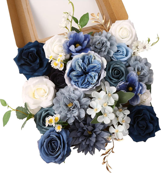 Dusty Blue Roses Silk Artificial Flowers Combo for DIY Bouquet Centerpieces Floral Arrangements, Navy Blue White Faux Flower with Stem Multi Use Wedding Party Home Decorations