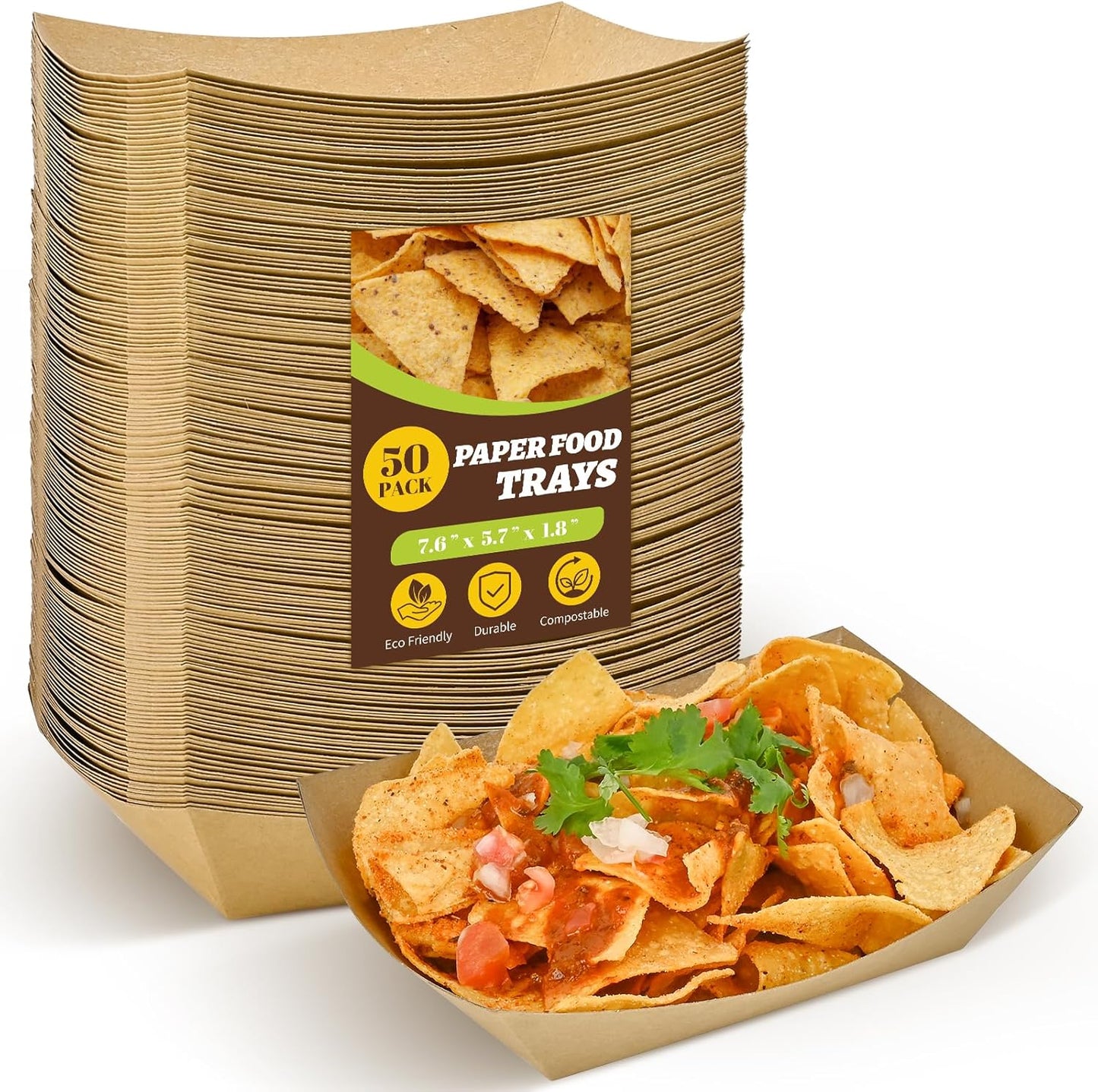 Ocmoiy 3lb Paper Food Trays, 50 Pack Heavy Duty Kraft Food Boats Holders Disposable Serving Basket Trays for Nachos, Tacos, Fries, Hot Dog, Corn, BBQ, Festivals, Party