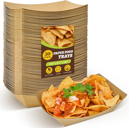 Ocmoiy 3lb Paper Food Trays, 50 Pack Heavy Duty Kraft Food Boats Holders Disposable Serving Basket Trays for Nachos, Tacos, Fries, Hot Dog, Corn, BBQ, Festivals, Party