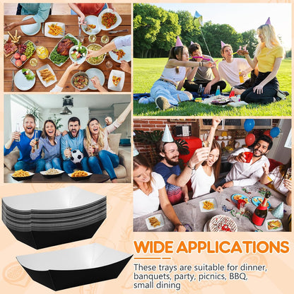 100 Pcs Black Paper Food Tray Sturdy Disposable Food Boats Nacho Plates Disposable Serving Snack Trays for Catering, Party Birthday Supplies, and Food Service (Black)