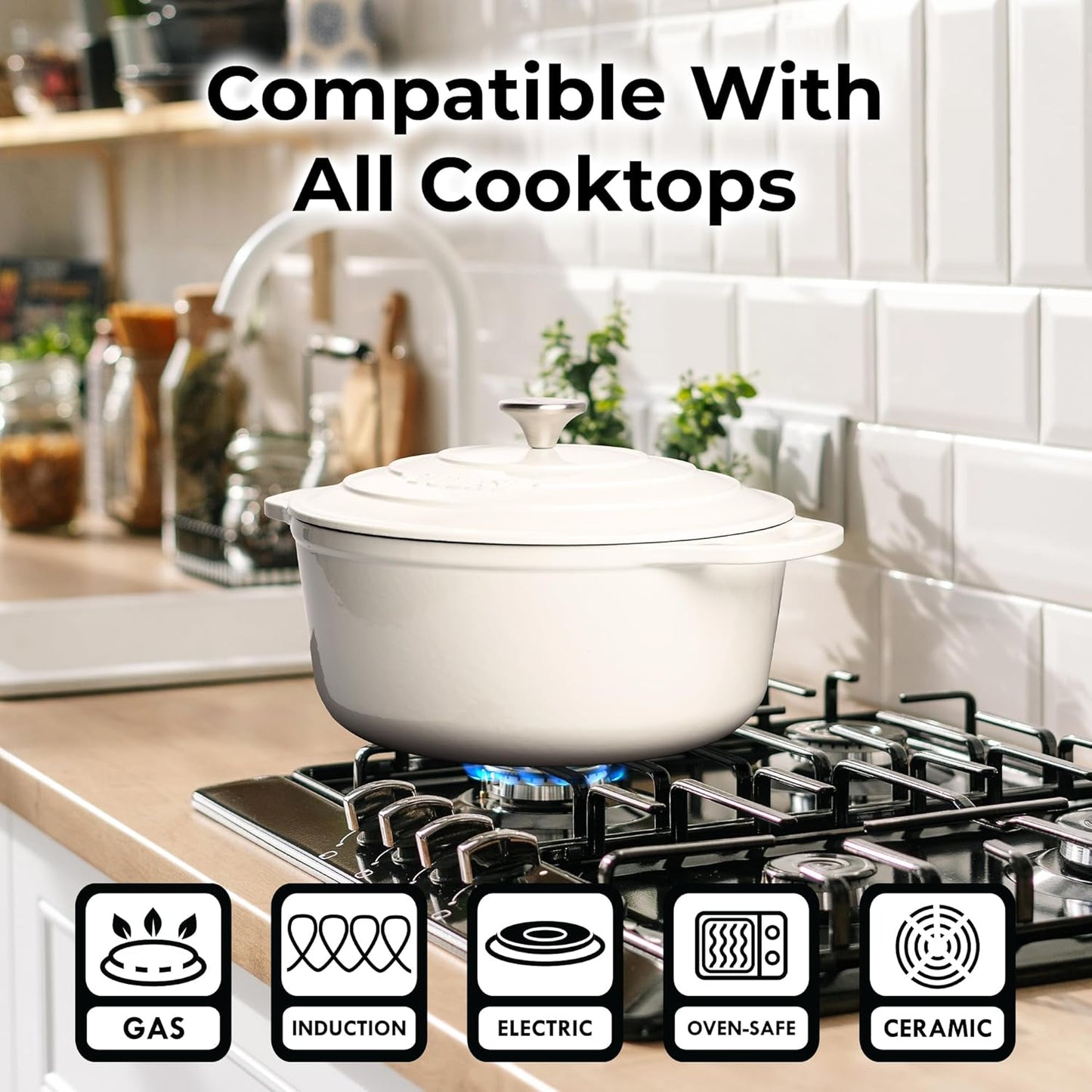 Zulay Kitchen 7.7 Quart Enameled Cast Iron Dutch Oven Pot with Lid – Premium Durability & Oven Safe up to 500°F – Heavy Duty Cookware Perfect for Bread Baking, Stews, Braising & Roasting – White