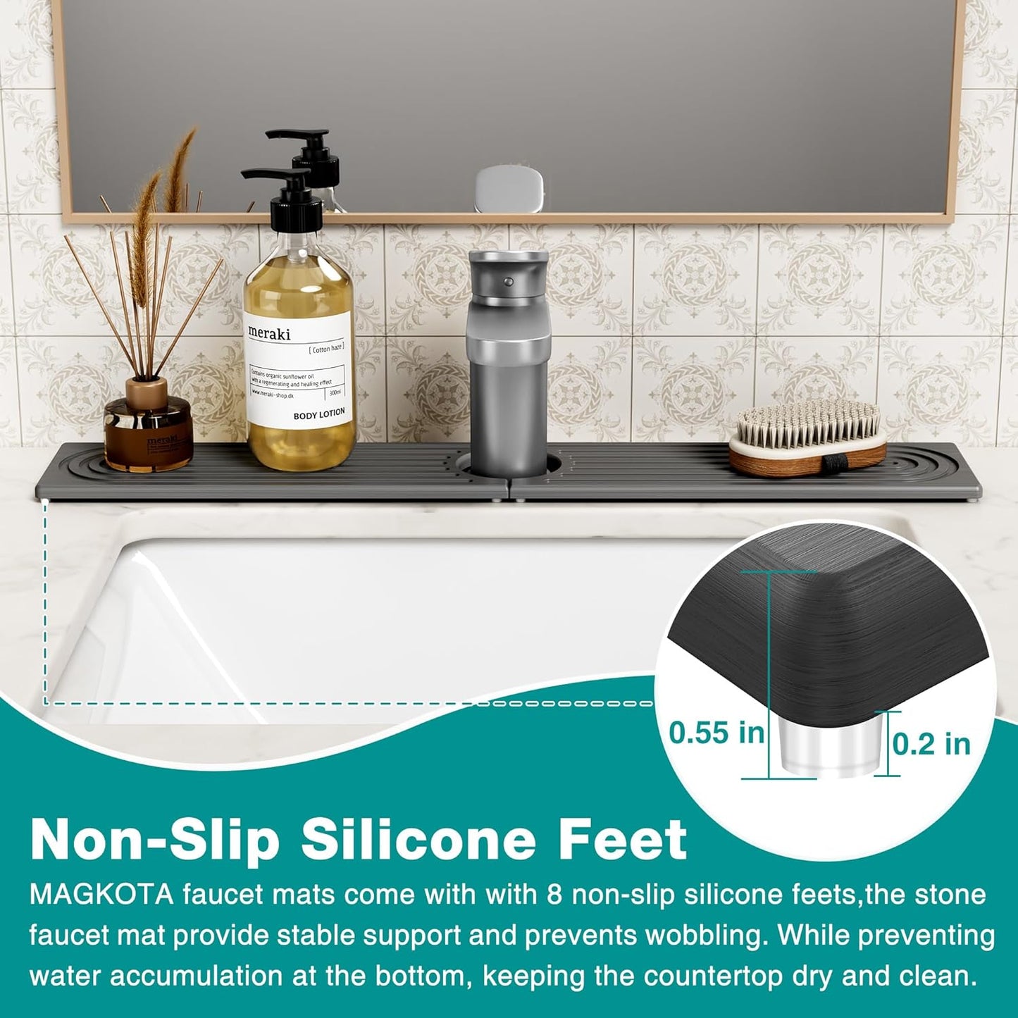 Stone Faucet Mat for Kitchen Sink - Quick Dry Diatomite Sink Splash Guard, Prevents Moisture Buildup & Water Stains, Water Absorbing Stone Tray for Bathroom Countertop (Dark Gray, 20" x 4")