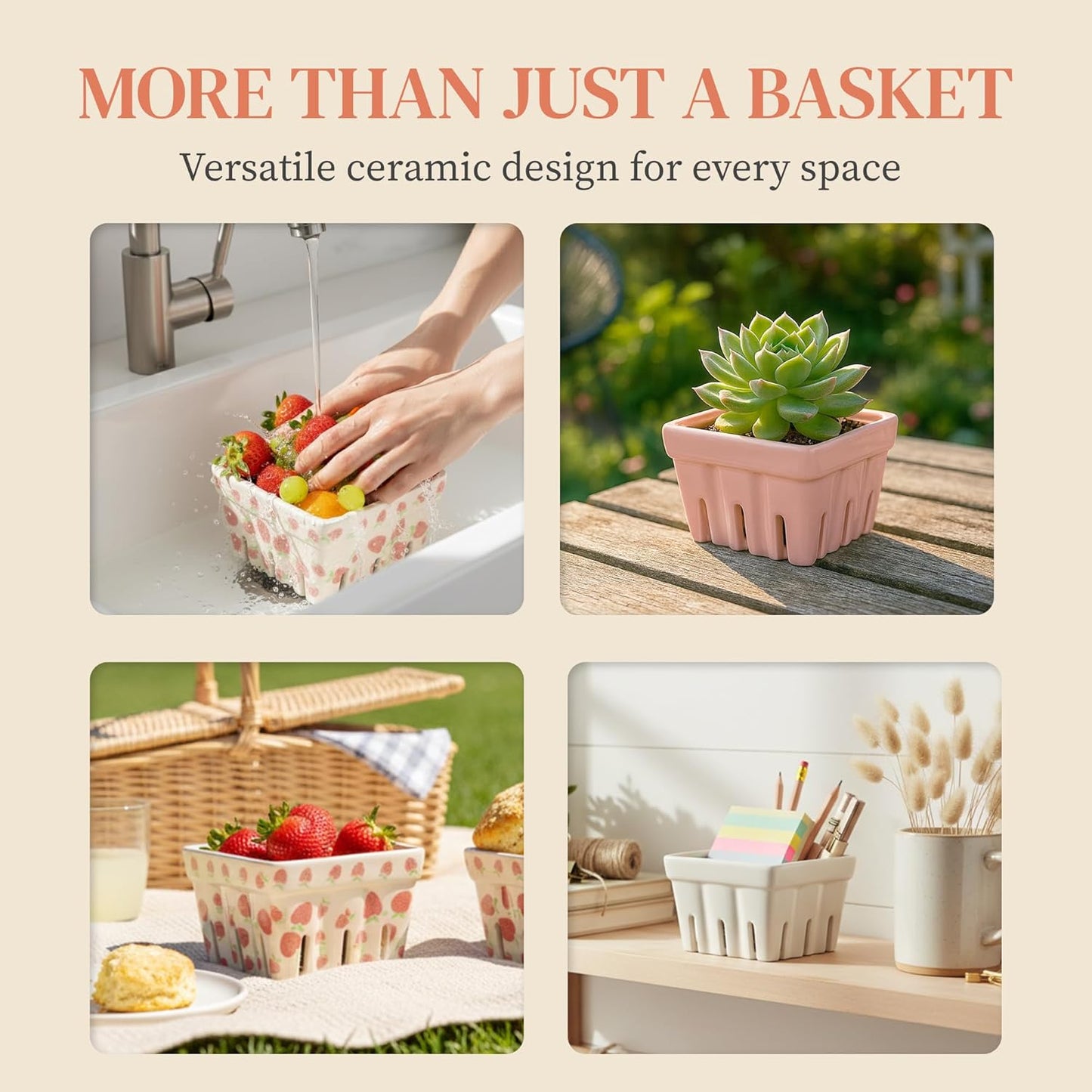 Ceramic Berry Basket, Farmhouse Colander, Strawberry Decor, Fruit Bowls, Fruit Baskets, Kawaii Strawberry Kitchen bowl, Pink White and Cute Strawberry pattern Stoneware Harvest Square Bowls Set of 4