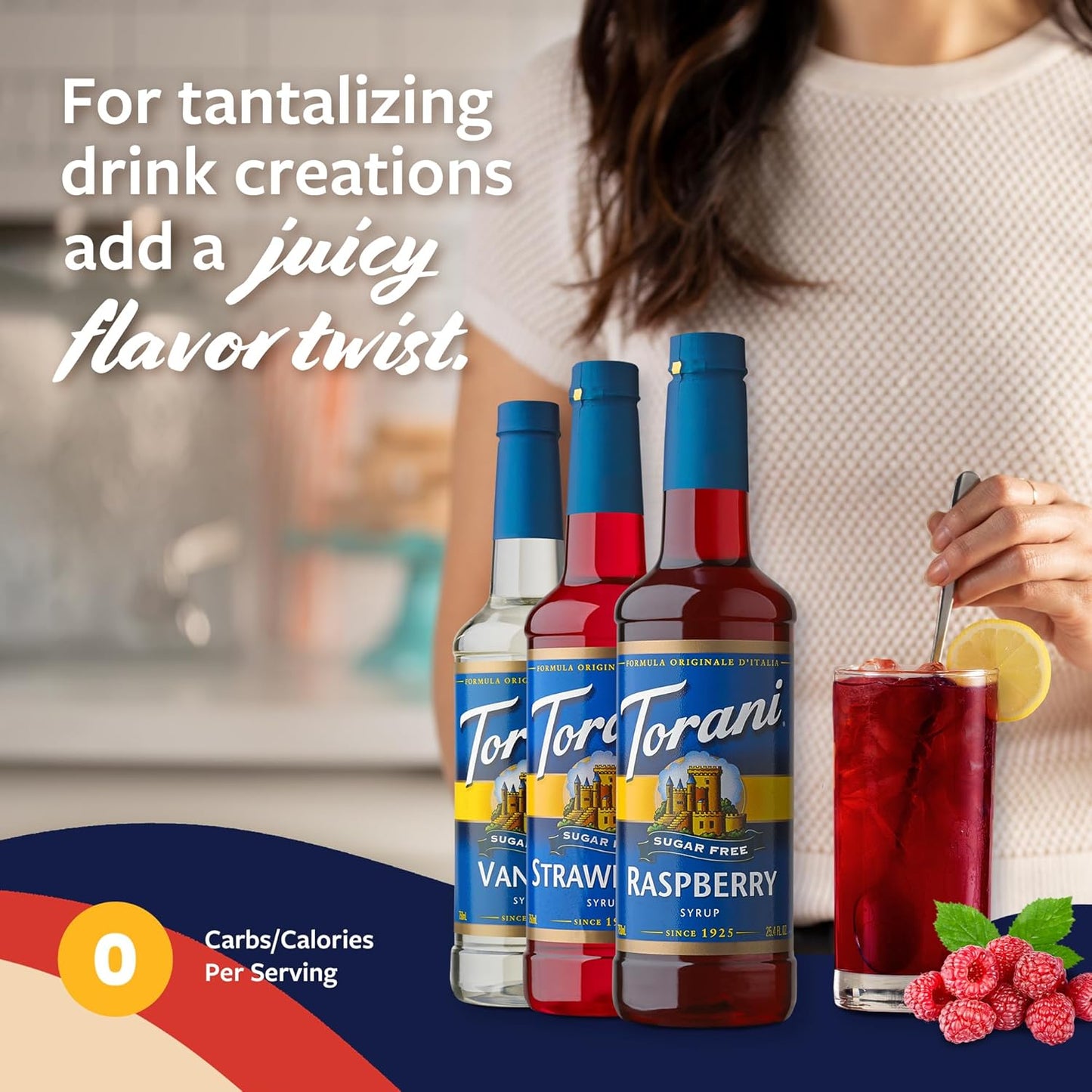 Torani Sugar Free Syrup Variety 3-Pack, Strawberry, Raspberry, and Vanilla, Zero-Calorie Syrups for Drinks, Pumps Included, 25.4 Oz Ea