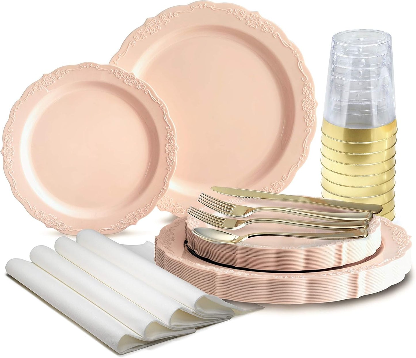 " OCCASIONS " 320 Piece set (40 Guests)-Vintage Wedding Party Disposable Plastic Plates & cutlery -40 x 10'' + 40 x 7.5'' + Silverware + Cups + Napkins (Verona in Blush/Antique Rose)