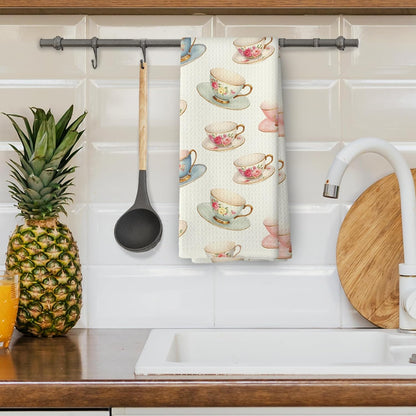 Vintage Spring Floral Teacups Kitchen Dish Towels, Retro French Garden Tea Lover Gifts, Coffee Cup Kitchen Decor, Roses Flower Hand Towels Kitchen Tea Towels Decorations, 16x24inch