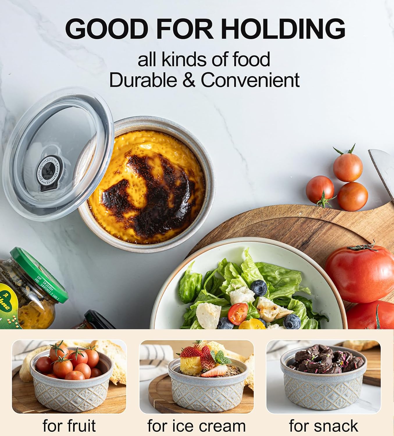 Ceramic Bowls with Lids set of 4, Soup Bowls, 28 oz Charcuterie Bowls Set for Kitchen, Food Storage Container Bowls Dishwasher & Microwave Safe for Salad, Pasta, Snack, Oatmeal, Fruit, Grey