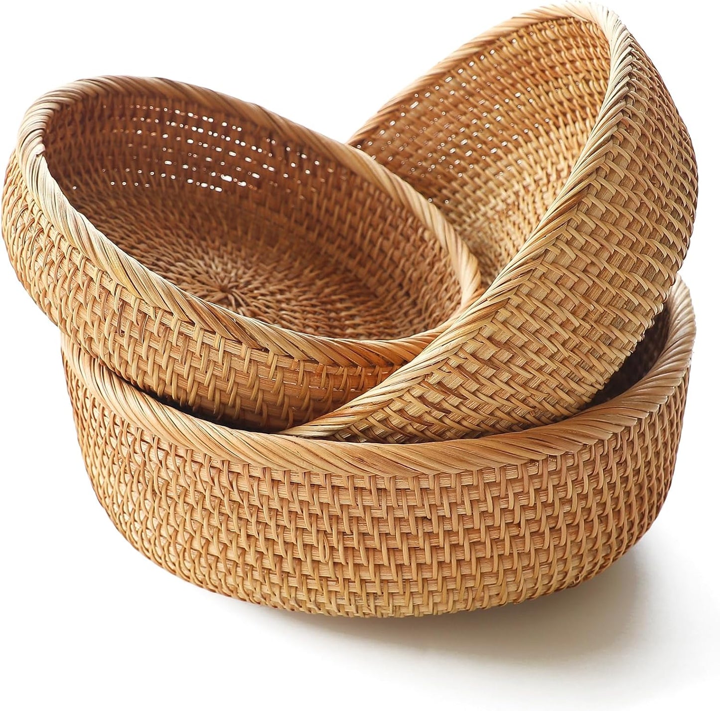 HITOMEN Handmade Rattan Bread Baskets Round Wicker Fruit Serving Storage Bowls, Natural Woven Decorative Kitchen Counter Organizing (Honey Brown) Set of 3