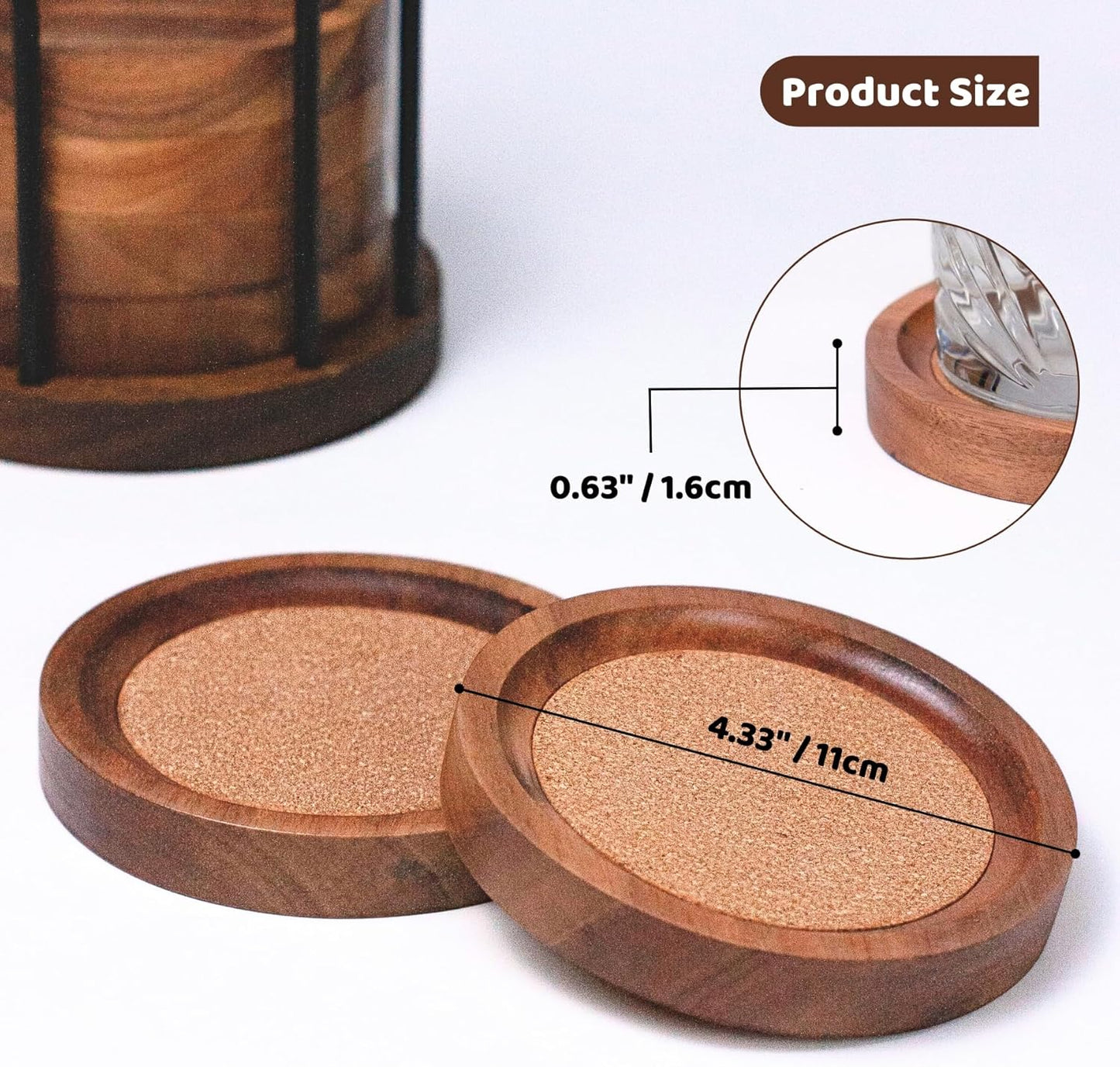 Wooden Coasters for Drinks with Metal Holder, Wooden Coaster with Cork for Tabletop Protection, Drink Coasters for Coffee Table, Desk, 4.33 Inch, Set of 6
