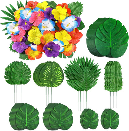 142Pcs Luau Party Decorations Fake Plant Palm Leave Monstera With Stems Hibiscus Flowers Artificial Tropical Leaves for Hawaiian Luau Safari Jungle Beach Wedding Birthday Theme Party Table Decorations