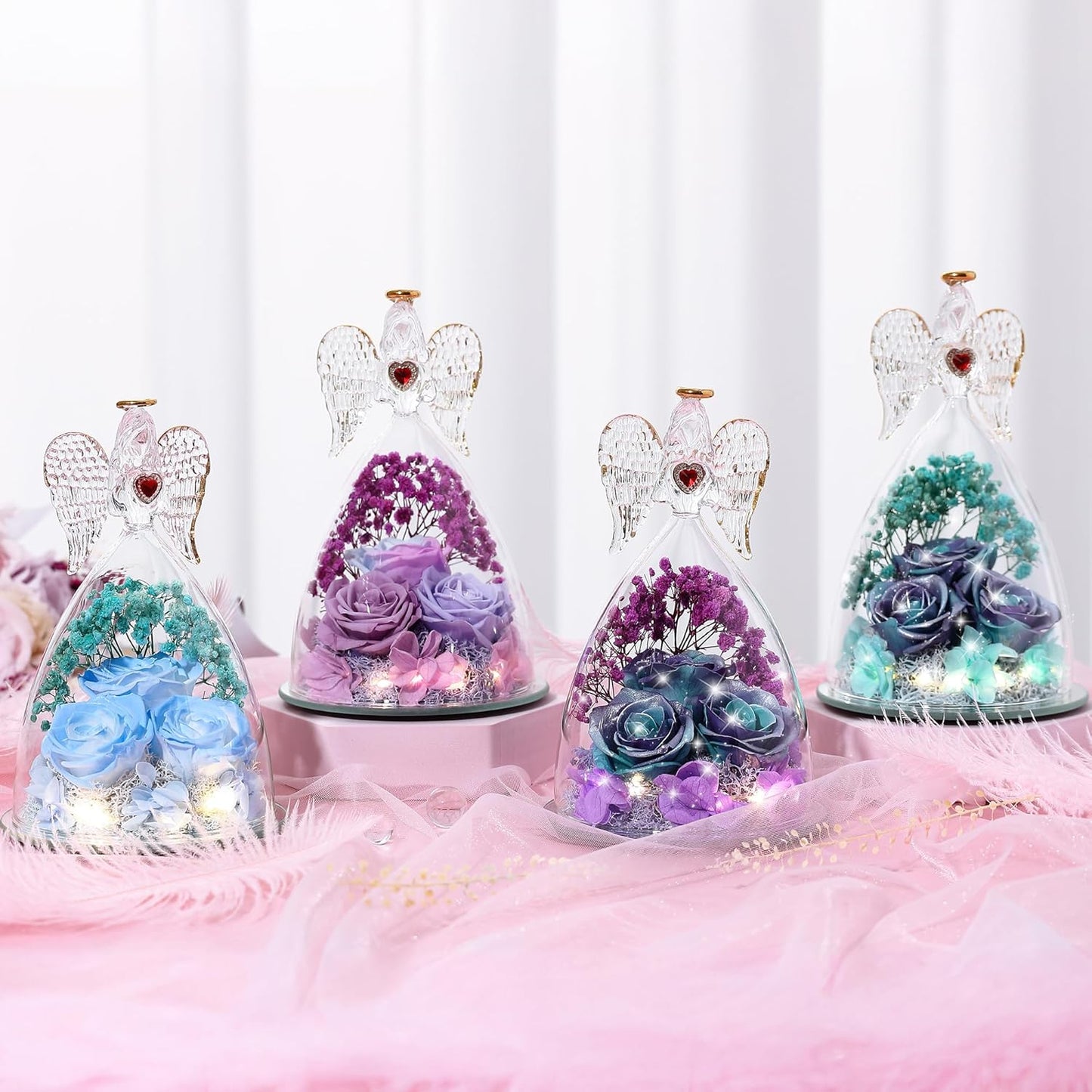 Mothers Day Rose Gifts for Women, Large Angel Figurines with Real Roses, Preserved Real Flower Rose for Her, Glittery Blue Purple