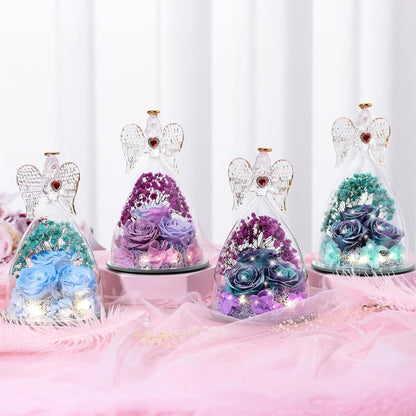Mothers Day Rose Gifts for Women, Large Angel Figurines with Real Roses, Preserved Real Flower Rose for Her, Glittery Blue Purple