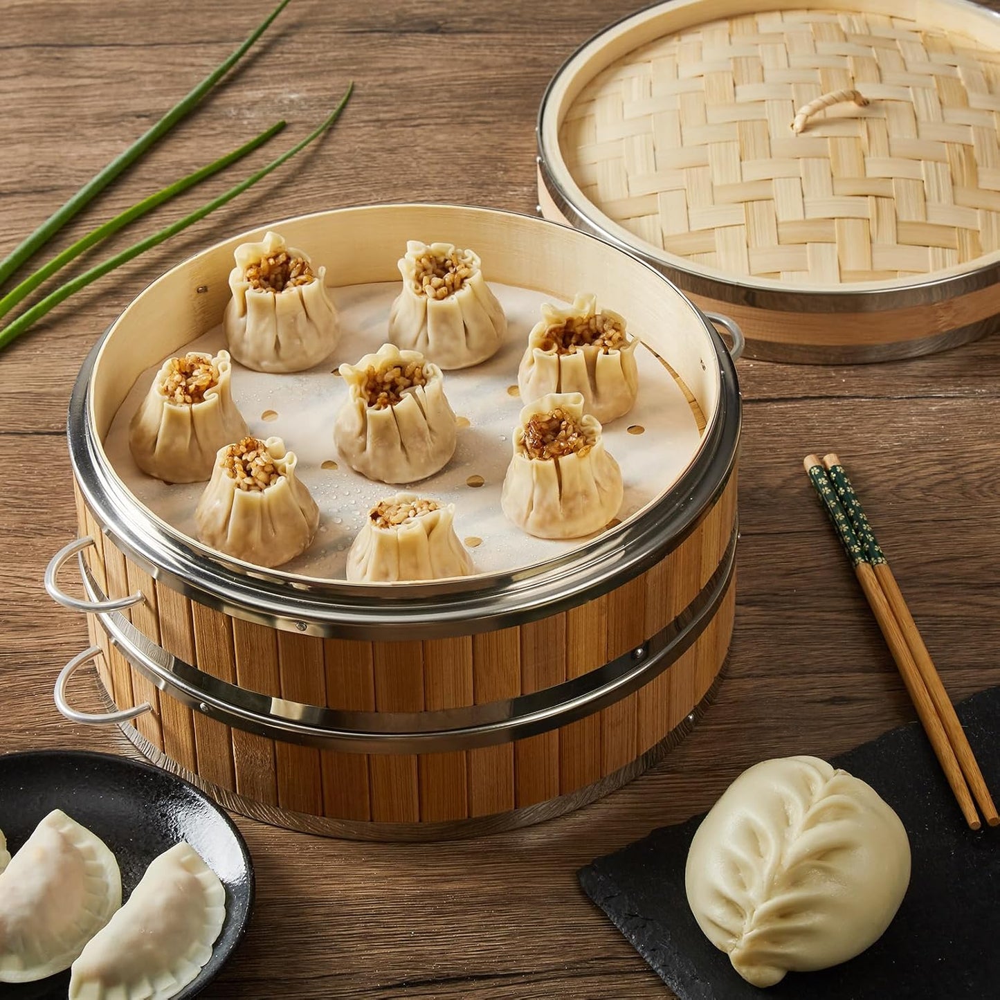 MacaRio Bamboo Steamer Basket Set 10 inch Dumpling Steamer for Cooking with Stainless Steel Reinforcement Side Handles Ring Adapter Dumpling Cutter & Press Liners for Dim Sum Dumplings Buns Seafoods Vegetables Rice