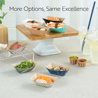 Restaurantware Bio Tek 1 Pound Food Boats 200 Disposable Paper Food Trays - Heavy-Duty Greaseproof Striped Paper Food Boats For Snacks Appetizers Or Treats Use At Parties Or Carnivals