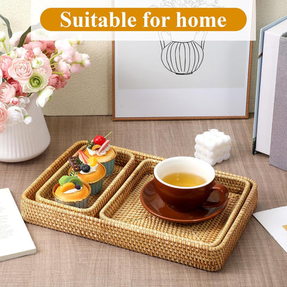 3 Pack Rattan Serving Tray, Woven Rectangular Storage Baskets, Natural Wicker Decorative Serving Baskets, Natural Woven Tray for Home Decor, Bathroom, Kitchen Counter