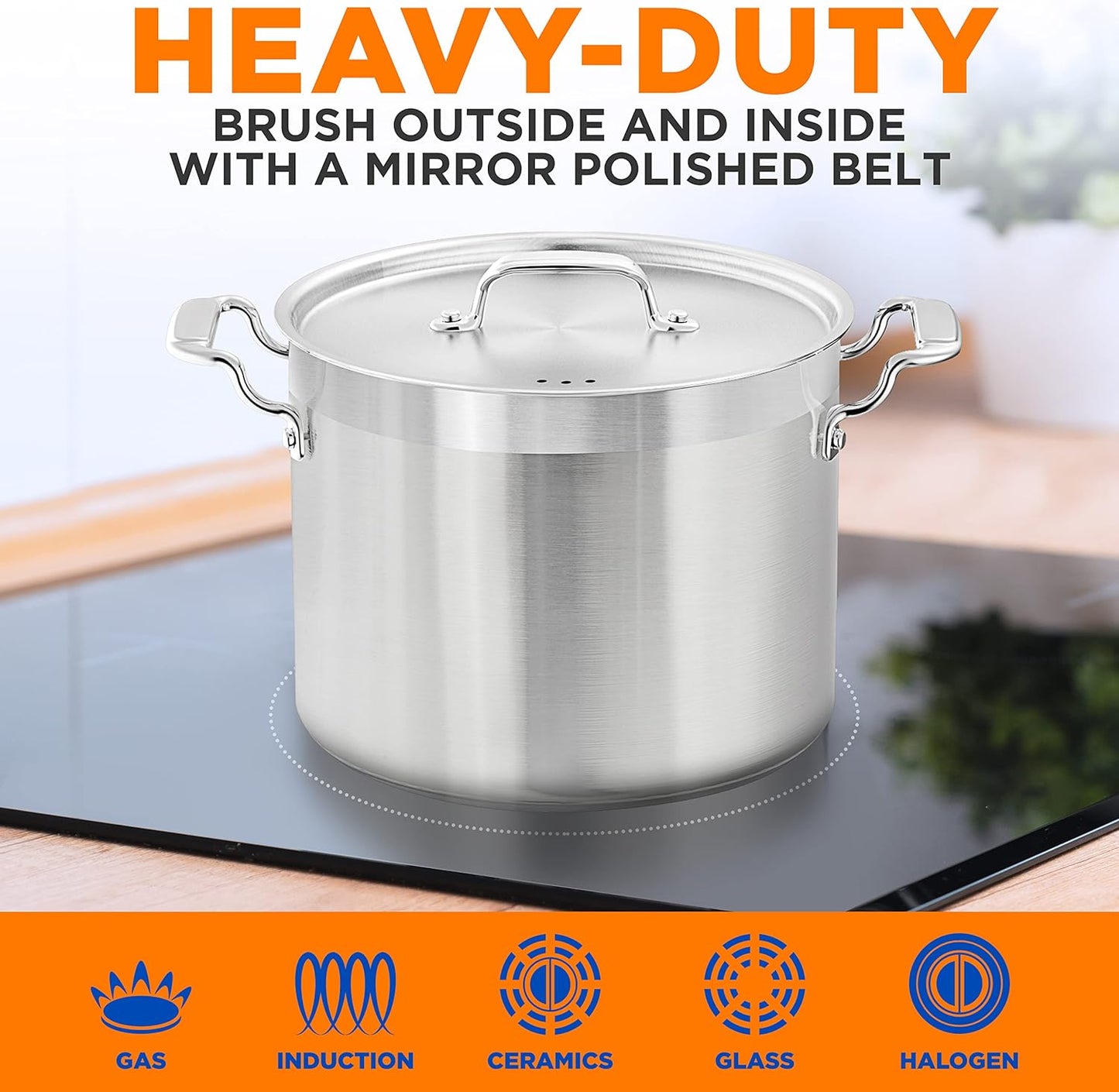 NutriChef Stainless Steel Cookware Stockpot - 14 Quart, Heavy Duty Induction Pot, Soup Pot with Stainless Steel Lid, Gas, Induction, Ceramic, Glass and Halogen Cooktops Compatible - NCSPT14Q
