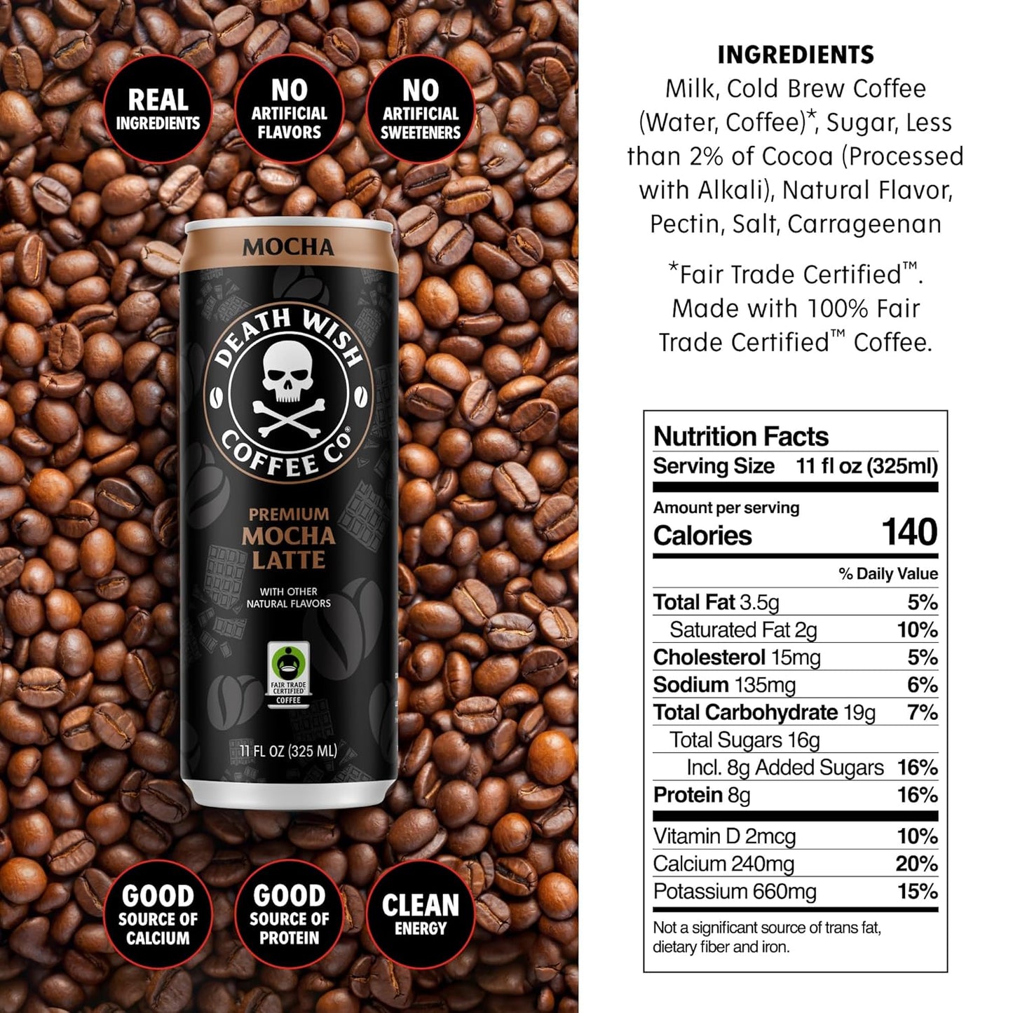 Death Wish Coffee, Iced Coffee Cold Brew, 8g Protein, Fair Trade (Mocha Latte)