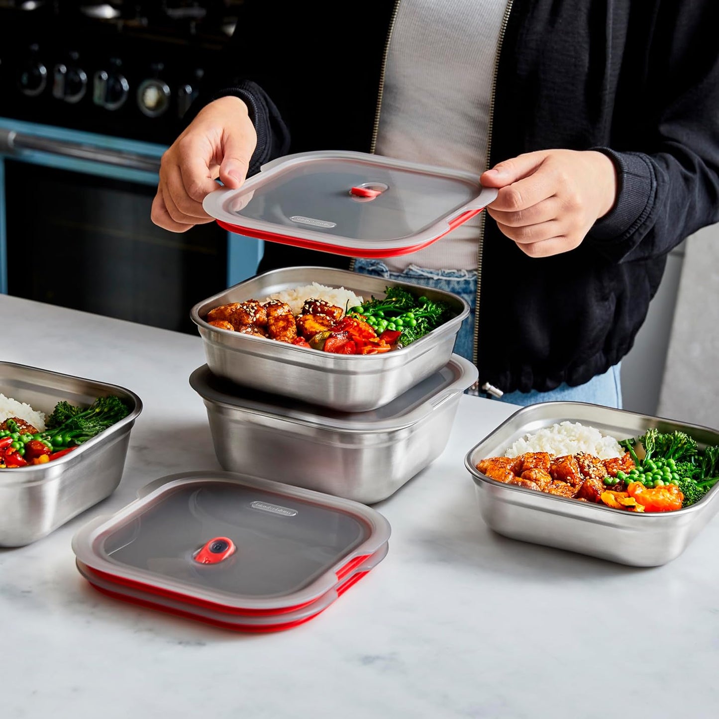 BLACK + BLUM Lunch Box - Meal Prep Containers Reusable for Picnic & Camping - Microwavable Stainless Steel Lunch Dinner Food Storage Box with Leak Proof Lid - Dishwasher Oven Safe - Small Square 37oz