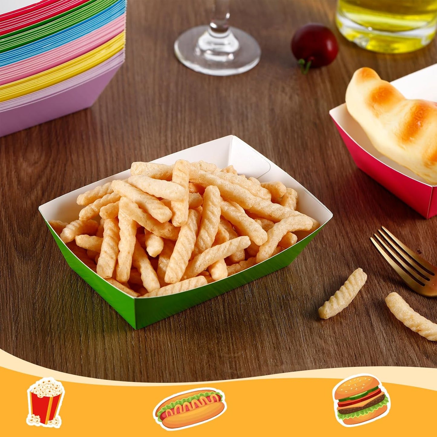 120 Pack Colorful Paper Food Tray Boats, 2LB Disposable Paper Nacho Trays, Grease Resistant Hot Dog Trays, Colored Food Boats Serving Boat Tray for Nacho Hot Dog Fries BBQ Taco