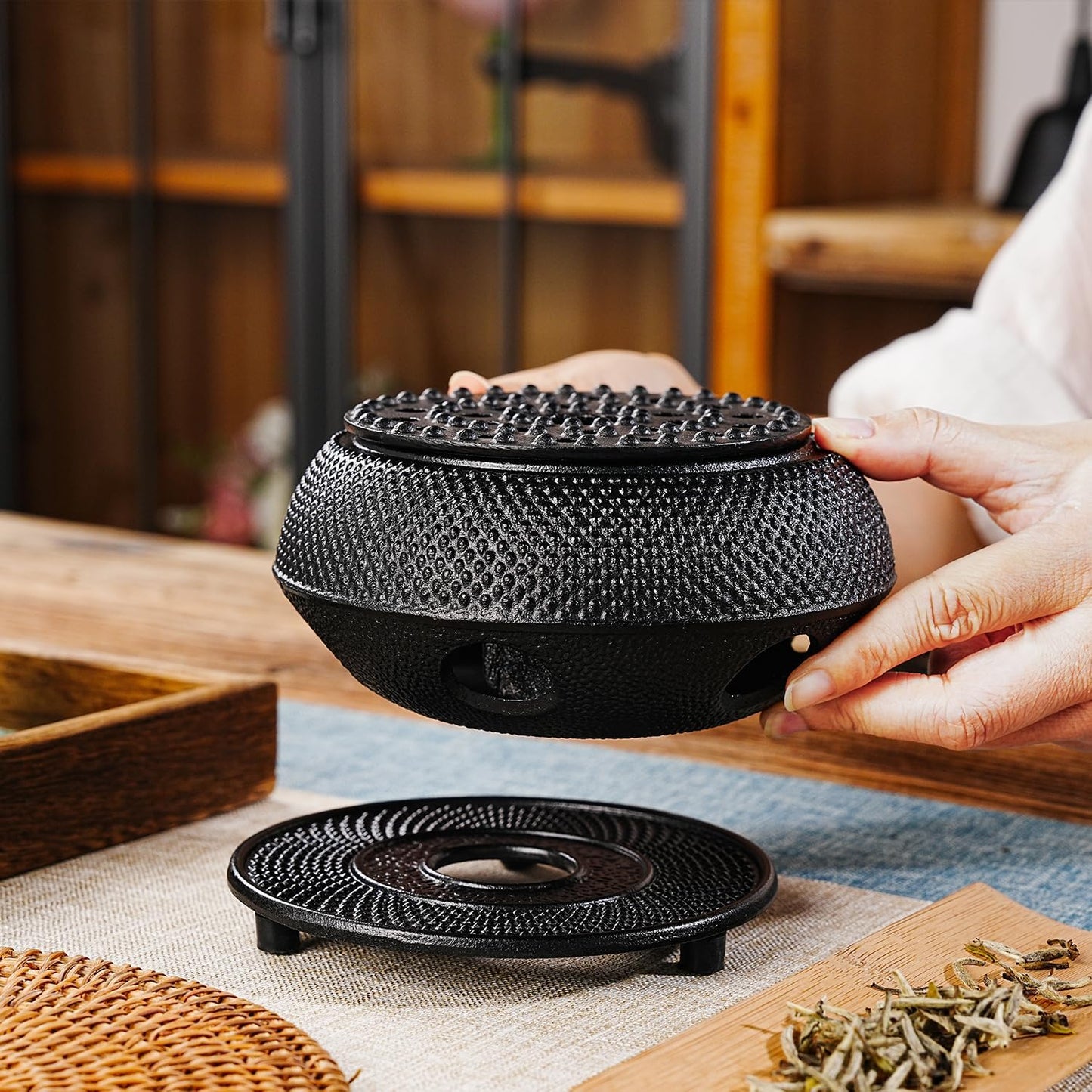 Sungmor Black Cast Iron Teapot Warmer - Japanese Tea Heater Base with Candle Holder, Heat Retaining Stand for Tetsubin or Glass & Ceramic Teapots