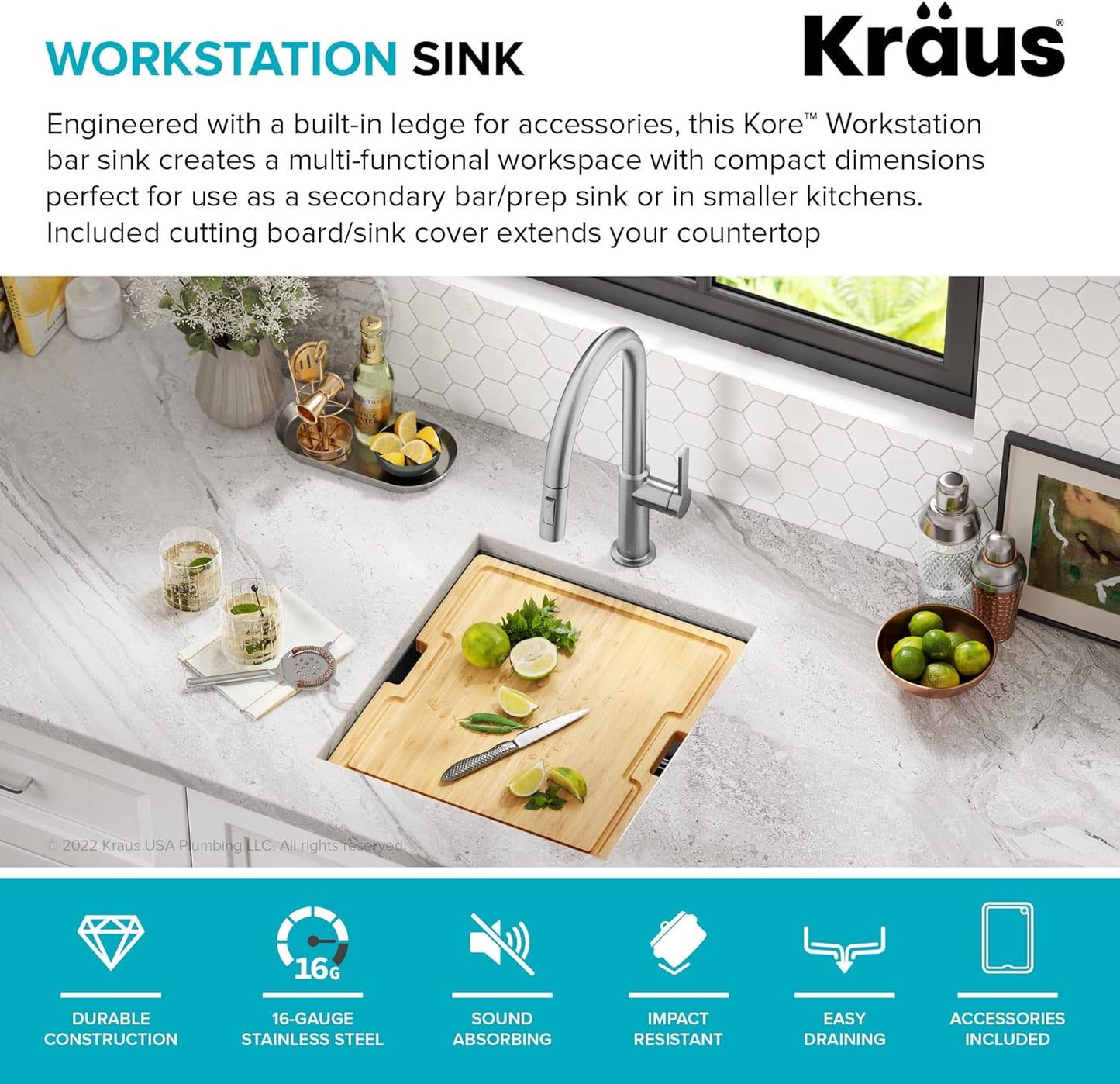 KRAUS Kore Workstation 17-inch Undermount 16 Gauge Black Stainless Kitchen Sink, Single Bowl Kitchen Sink in PVD Gunmetal Finish with Accessories, KWU1101-17-PGM