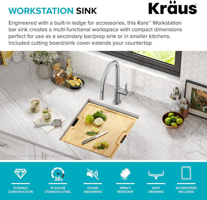 KRAUS Kore Workstation 17-inch Undermount 16 Gauge Black Stainless Kitchen Sink, Single Bowl Kitchen Sink in PVD Gunmetal Finish with Accessories, KWU1101-17-PGM