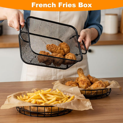 12 Pcs Wire Bread Baskets, 9.4 x 6.3 x 1.9 Inch, Oval Food Baskets for Serving Fruit, Fast Food, and Storage, Includes 50 Sheets Deli Wrappers Paper, Reusable & Rust-Resistant Metal Basket (Black)