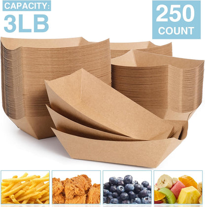 3lb Paper Food Trays, 250 Pack Disposable Paper Food Boat Serving Boats for French Fries Nachos Snack Hot Dog Taco BBQ Popcorn Bachelor Party Picnic