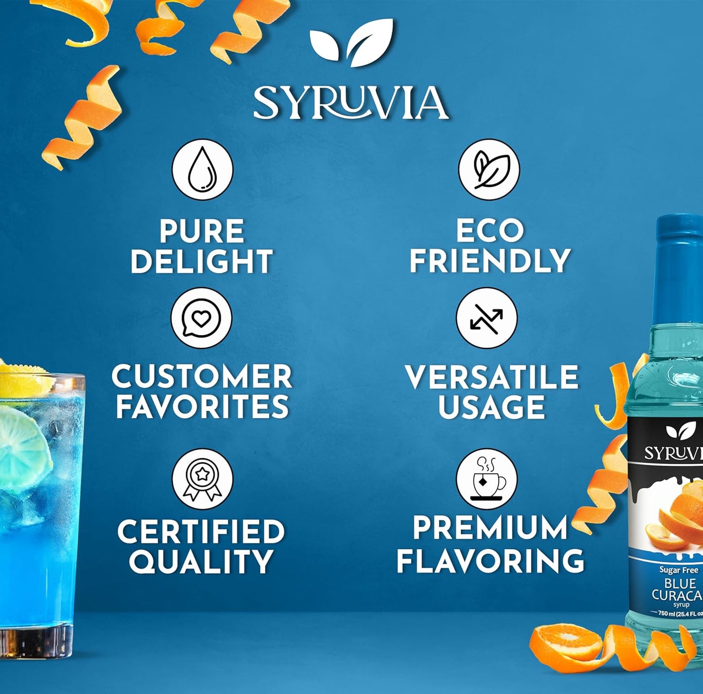 Syruvia Sugar Free Blue Curacao Syrup, Flavored Syrup for Cocktails, Drinks, Lemonades, Iced Teas, and Desserts – 25.4 fl oz