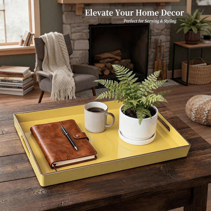 Zosenley Decorative Tray, Rectangular Plastic Tray with Handles, Modern Vanity Tray and Serving Tray for Bathroom, Kitchen, Ottoman and Coffee Table, 15.6” x 10.2” (Light Yellow)