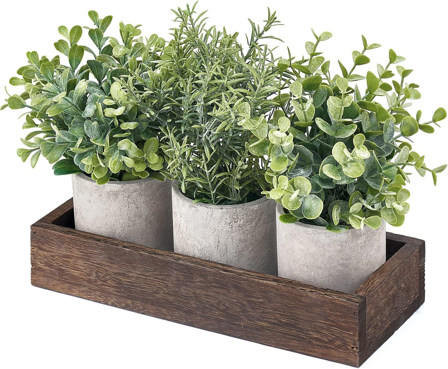 Dahey 3 Pack Mini Potted Artificial Eucalyptus Fake Plants with Wood Tray Centerpiece Table Decorations, Farmhouse Pulp Flower Pots Greenery Home Decor for Coffee Table Dining Room Office Kitchen