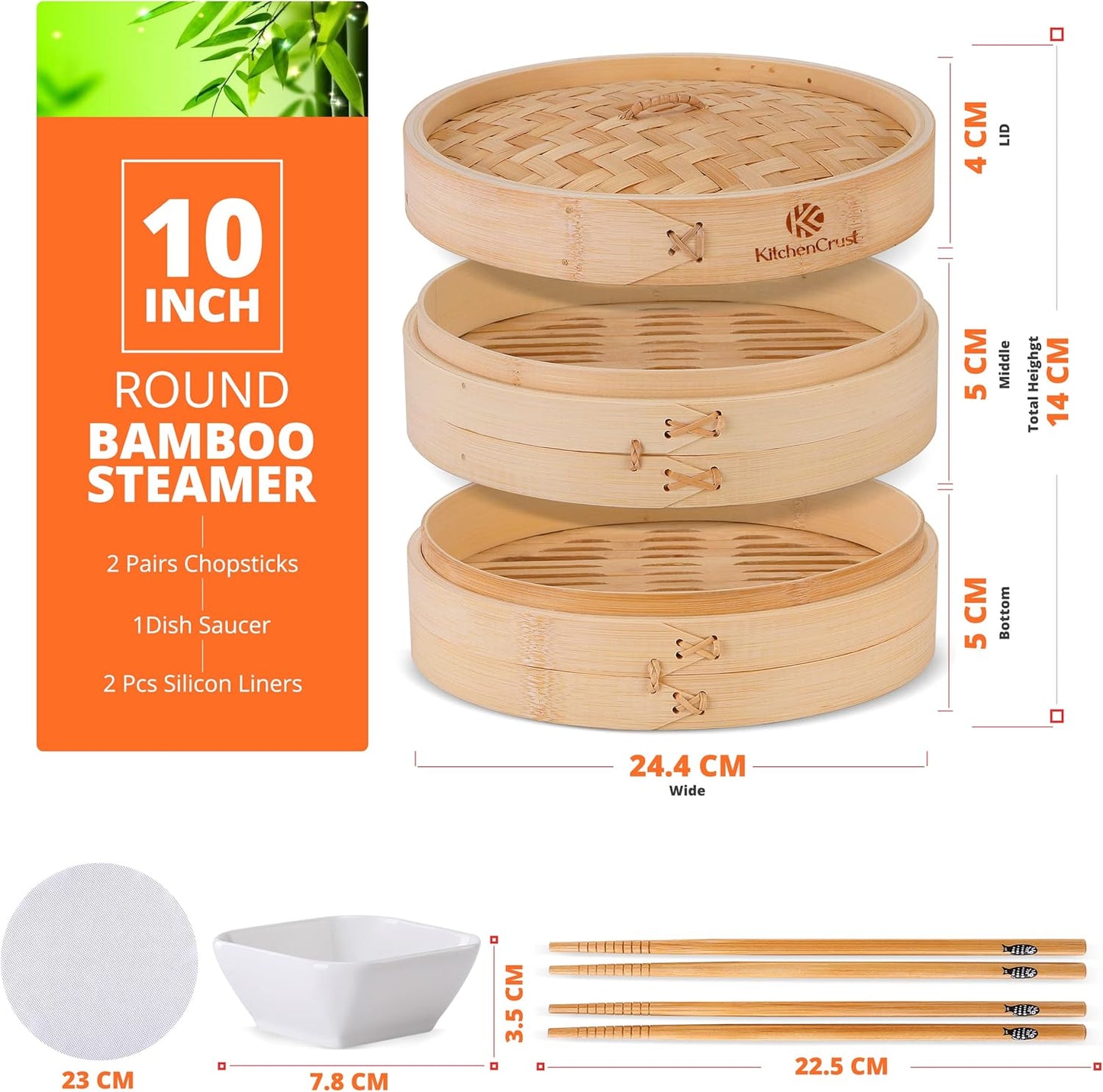 Bamboo Steamer Basket for Chinese Asian Cuisine - 2 Tier 10-Inch Steaming Basket Bun Vegetable Bao Buns, Sauce Dish, Chopsticks, Reusable Liners