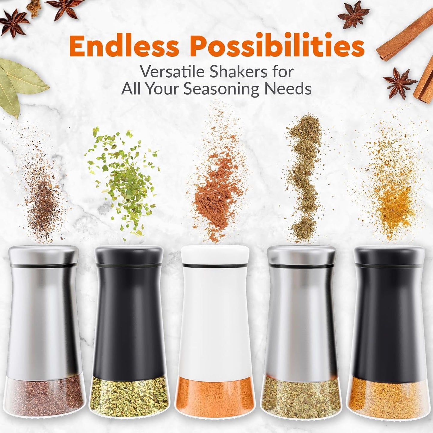 HOME EC Original Salt and Pepper Shakers Set with Adjustable Pour Holes - Black and White Salt Shaker and Pepper Shaker - Farmhouse Spice dispenser for salts, Ground peppercorn and spices