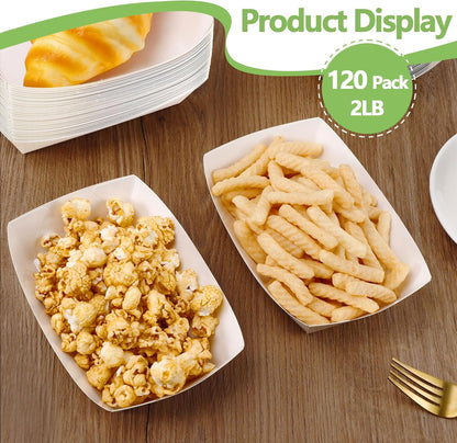 120 Pcs Paper Food Boat Trays, 2 LB Heavy Duty Paper Boats, White Kraft Food Serving Boat Tray, Disposable Nacho Tray for Snack Hot Dog BBQ Dessert Salad Taco, Water & Grease Resistant, White