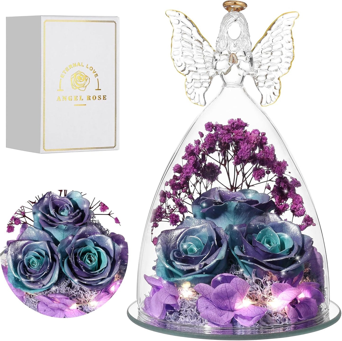 Christmas Rose Gifts for Women Preserved Real Flower in Glass Angel Figurines Roses for Delivery Prime Birthday Gifts for Mom Grandma Girlfriend Wife Her, GlitterBluePurple