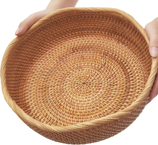 Rattan Bread Basket for Fruit, Natural Wicker Fruit Basket for Kitchen Counter, Hand Woven Food Baskets, Bread Baskets for Serving, Large Wicker Basket for Vegetable, Snack, Candies, Etc.(Wave-Large)